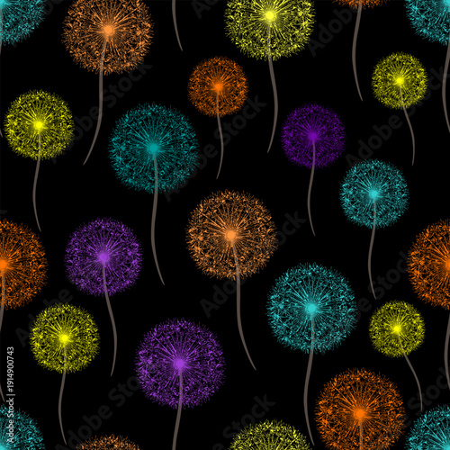Seamless pattern of colorful dandelions on black. Vibrant floral vector background with bright flowers for textile, fabric, and wallpaper design. Botanical summer print.
