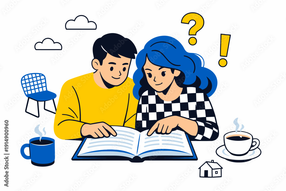 Fototapeta premium Young Couple Reading Book and Learning Together. Flat Vector Study Illustration, Collaboration, Education, Knowledge Acquisition, and Problem Solving.