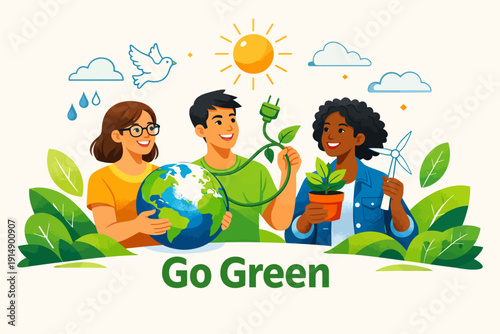 Go Green: Diverse Team Holding Earth, Plant, and Renewable Energy Symbols. Sustainability, Ecology, and Climate Action Concept Vector Illustration.