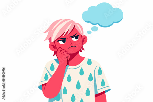 Puzzled Person Thinking Hard with Blank Thought Bubble. Frustrated Character with Hand on Chin. Confusion and Problem Solving Vector Illustration.