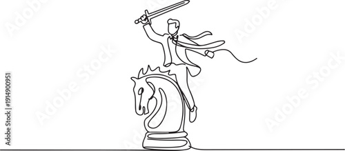 Single one line drawing of brave businessman riding big horse chess piece with sword. Business strategy, winning competition, achievement goal concept. one line Icon drawing