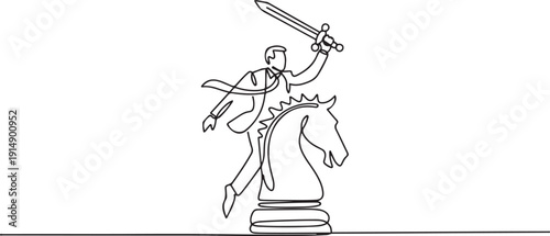 Single one line drawing of brave businessman riding big horse chess piece with sword. Business strategy, winning competition, achievement goal concept. one line Icon drawing