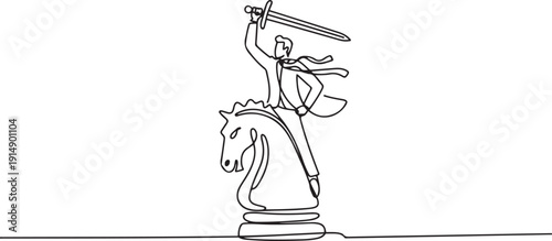 Single one line drawing of brave businessman riding big horse chess piece with sword. Business strategy, winning competition, achievement goal concept. one line Icon drawing