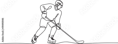 One continuous line drawing of young professional ice hockey player exercising and practicing on ice rink stadium. Healthy extreme sport concept. one line Icon drawing