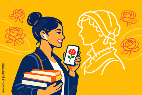 Modern Woman, History, and Technology Connection. Student Learns Via Mobile App, Bridging Past and Future, Heritage, and Digital Education.