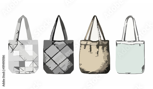 Eco friendly reusable tote bags with vintage engraving sketch and expressive ink hand drawn vector