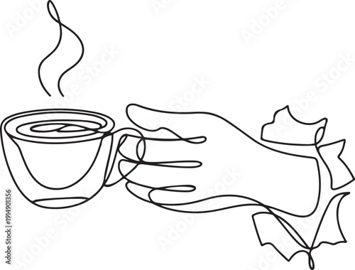 Single continuous line drawing hand holding mug of coffee through torn white paper. Have break and refreshing drink. Energizing drink to wake up at morning. one line Icon drawing