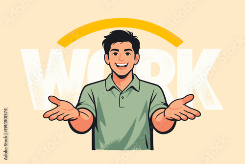 Happy Young Man Presenting "WORK" Opportunity. Enthusiastic Cartoon Illustration of Career, Job, or Business Offer.