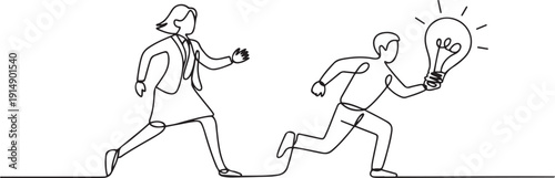 Continuous one line drawing a businesswoman chases a woman running with a light bulb. The thief of ideas. A disturbing crime. National Creativity Day. one line Icon drawing