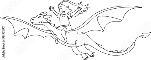 Single one line drawing happy little girl flying with fantasy dragon. Child fly and sitting on back dragon at the sky. Kids imaginary fairytale. one line Icon drawing