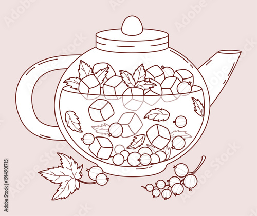 Outline Fruit Tea with Currants and Mint in Glass Teapot. Seasonal Refreshing Drink with Ice Cubes, Berries and Mint Leaves. Line drawing, coloring page book. Vector Illustration