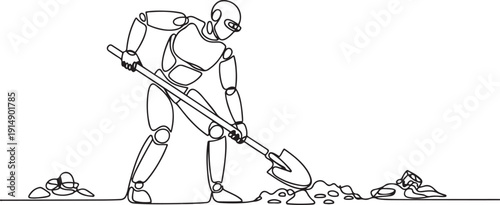 Continuous one line drawing robot digging in dirt using shovel. Humanoid robot cybernetic organism. Future robotics development. Treasure digging. one line Icon drawing