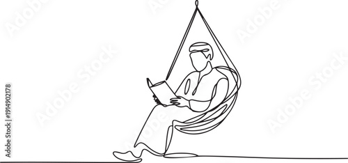 Single continuous line drawing Arab man sitting relaxed in hanging chair reading a book. Spending the weekend reading the favorite fiction story book. one line Icon drawing