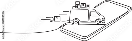 Continuous one line drawing delivery car deliver packages and ride on smartphone screen. Online delivery service. Fast delivery parcel concept. one line Icon drawing