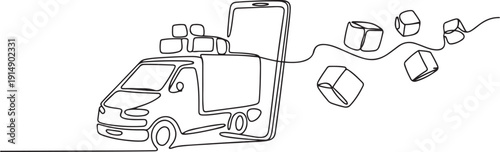 Continuous one line drawing delivery car deliver packages and ride on smartphone screen. Online delivery service. Fast delivery parcel concept. one line Icon drawing