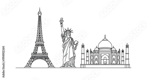 Famous world landmarks including the Eiffel Tower Statue of Liberty and Taj Mahal depicted as simple black outline vector art icons