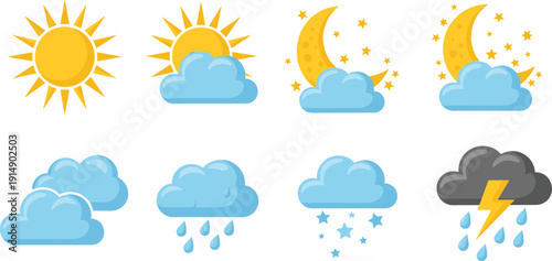 Weather Icon Vector Set with Sun Clouds Moon Rain Snow and Thunderstorm Symbols Isolated on White Background for Forecast Design
