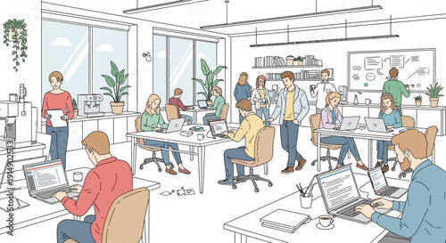 Diverse group of modern professionals collaborating and working diligently on various tasks within a bright, busy open-plan office environment