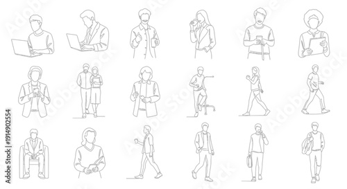 Collection of continuous line art illustrations depicting diverse people engaging in various daily activities like working walking and holding beverages