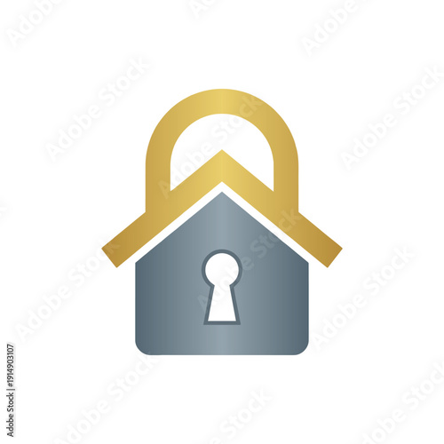 Home security padlock logo symbol in gold and grey metallic colors