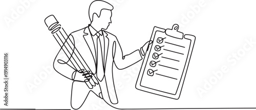 Continuous one line drawing businessman holding giant pencil looking at completed checklist on clipboard. Effective daily planning and time management. one line Icon drawing