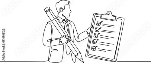 Continuous one line drawing businessman holding giant pencil looking at completed checklist on clipboard. Effective daily planning and time management. one line Icon drawing