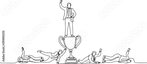 Continuous one line drawing businessman standing on big trophy. Celebrating the success of business. Got fraudulent business opponents. Falling helpless. one line Icon drawing