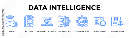 Data Intelligence Banner Web Icon Set Collection Pack Vector Illustration Concept For Data, Big Data, Internet Of Things, Technology, Optimization, Scheduling, Risk Delivery