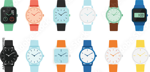 Modern Wristwatch Collection Vector Illustration with Analog and Digital Smart Watches in Colorful Designs Isolated on White Background