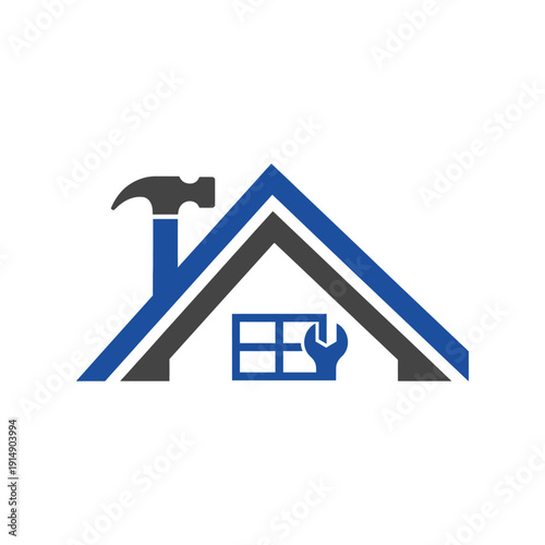 House repair and renovation logo with hammer, wrench, and window icon