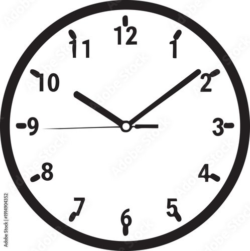 Black and white analog clock face with hour and minute hands white background black clock face