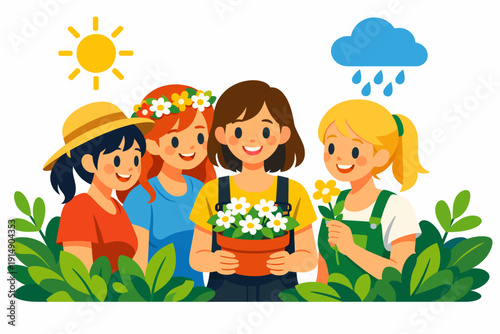 Joyful Group of Women Friends Gardening Together, Holding Flowers. Cheerful Spring Community Teamwork Vector Illustration.