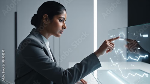 Wallpaper Mural Businesswoman Interacting With Futuristic Interactive Display in Modern Office Torontodigital.ca