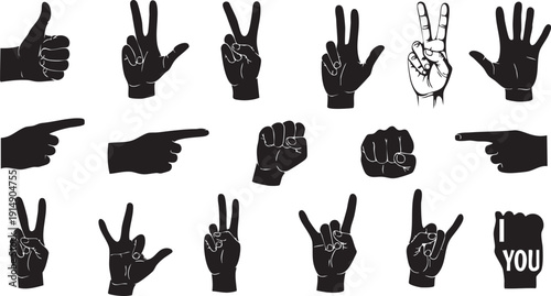 Black and white hand gestures signs