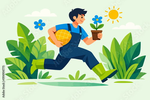 Happy Gardener Running with Flower Pot and Harvest Bag. Spring Planting, Nature Care, and Sustainable Agriculture Vector Illustration.