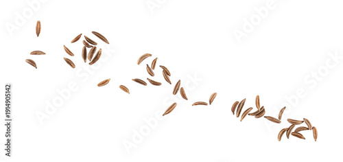 Photos Flying caraway seeds or dry cumin spice grains isolated