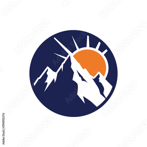 Mountain peak sunrise emblem with orange sun and dark blue circular background representing adventure and outdoor exploration