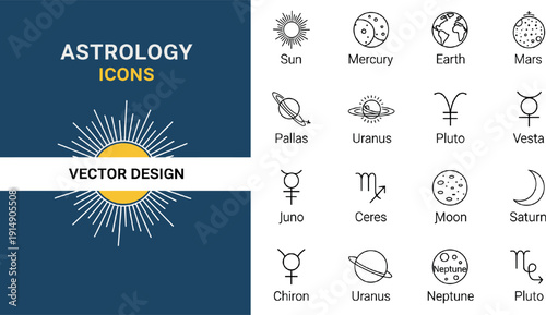 Minimal vector set of astrology and planet symbols including sun, moon, zodiac signs and celestial bodies