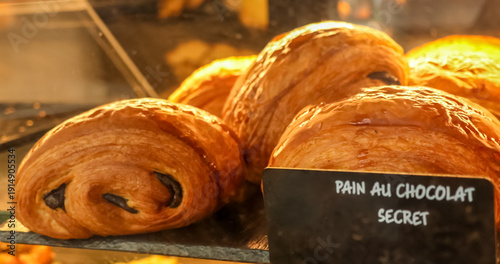 Quadro em tela Delicious pain au chocolat pastries for sale in a typical French Parisian bakery