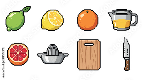 Pixel art citrus fruits and kitchen tools including knife and juicer