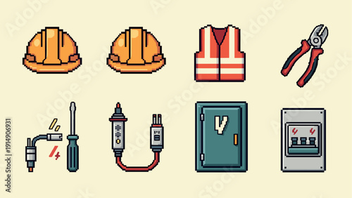 Colorful 8-bit construction and electrical tools icon set