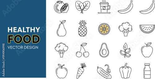 Line icon set of healthy food including fruits, vegetables, coffee, smoothie, avocado, pineapple and natural diet elements vector design