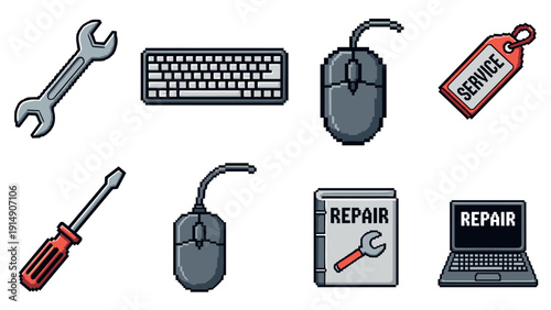 Retro pixel art tools for computer repair and service