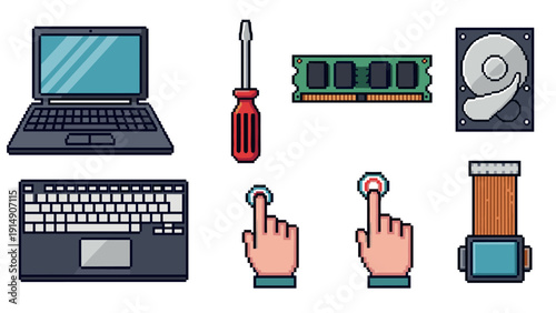 Retro pixel art computer components and tools collection