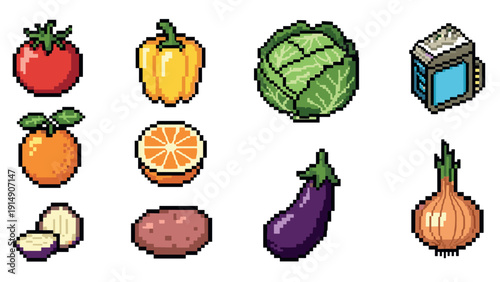 Pixel art: vibrant vegetables and fruits collection