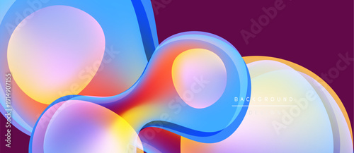 Abstract fluid shapes overlap, creating vibrant color gradients. Purple background complements blue, orange hues. Modern design element.