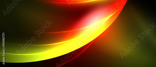 Abstract design features vibrant curves, blending yellow, orange, red hues against dark background. Smooth gradients create dynamic visual effect.