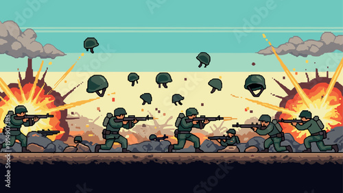 Retro video game soldiers in battle scene with explosions and falling helmets