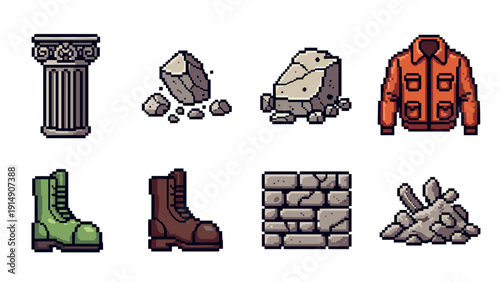 Retro pixel art objects: pillar, rocks, jacket, boots, bricks, rubble