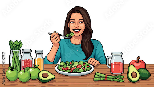 Pixel art woman enjoying fresh salad with fruits and vegetables at dining table